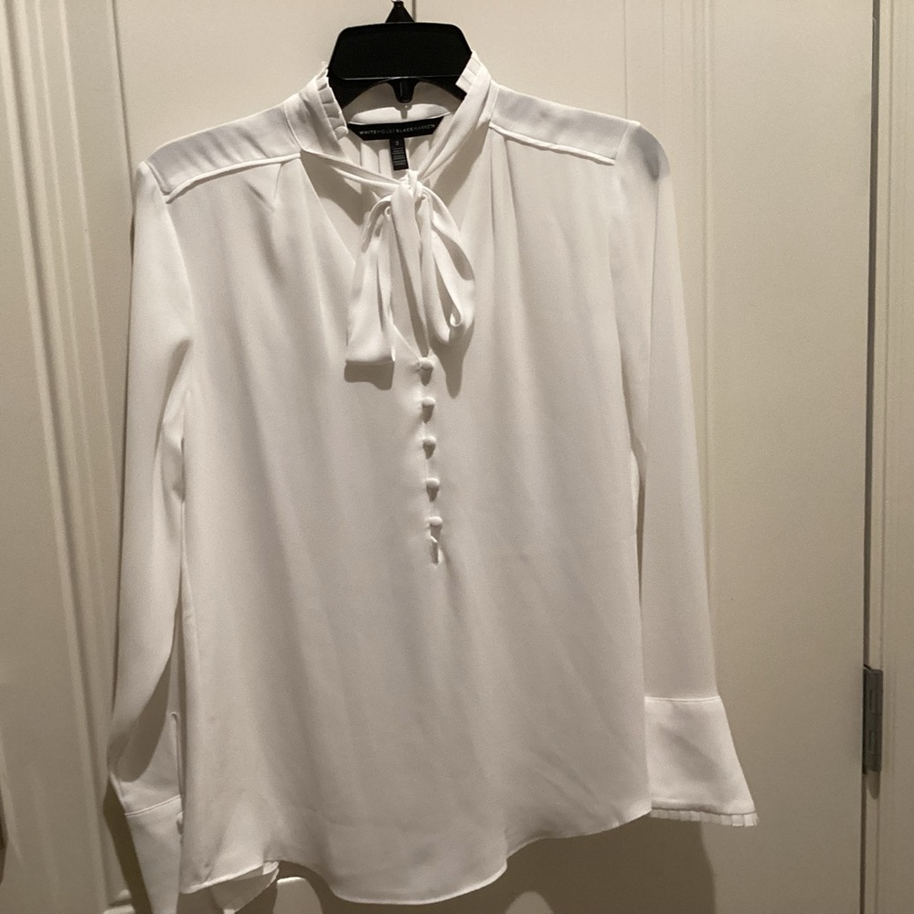 White House Black Market White Tie-Neck Blouse with Button Front